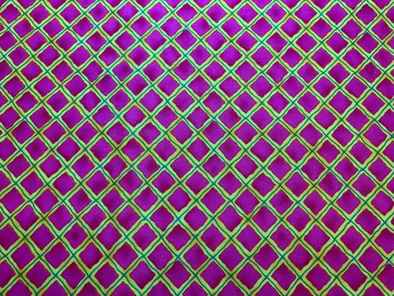 fuchsia cotton fabric - Yellow & Fuchsia Pink Diamonds Cotton Fabric Vintage 90's OOP by SSI