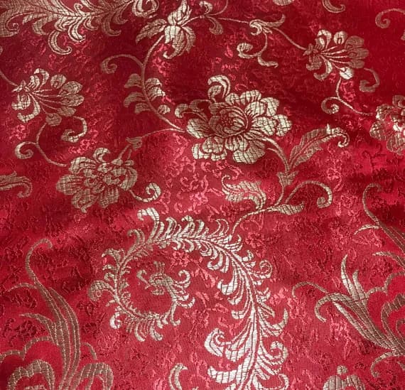 gold brocade fabric - Red & Gold Feather Floral - Faux Silk Brocade Fabric