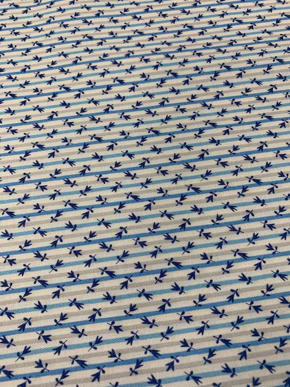 blue cotton fabric - Blue Millefleur Stripe A - The Collector's Home - By Liberty Fabrics for Riley Blake - Cotton Fabric