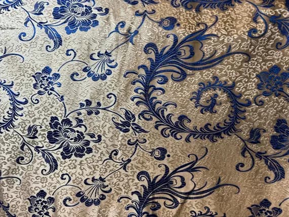 white brocade fabric - White with Blue Feather Floral - Silk Brocade Fabric