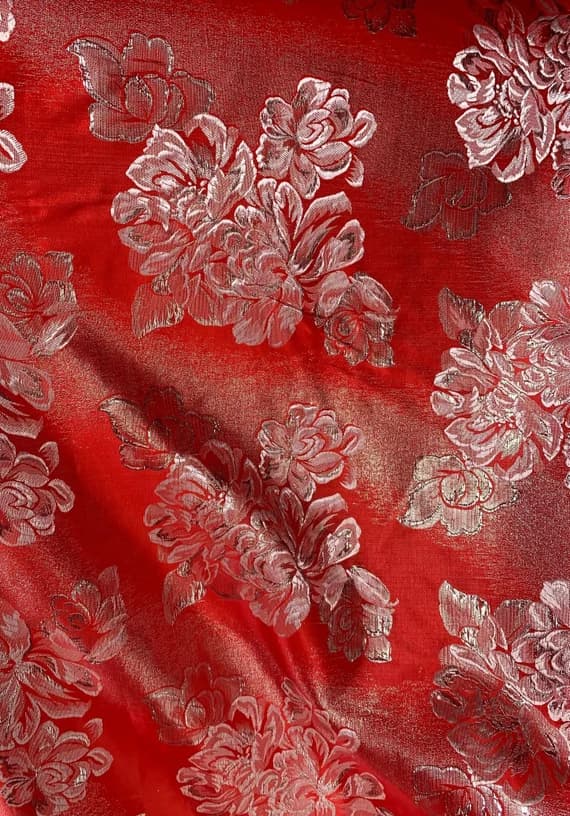 silver brocade fabric - Bright Red & Silver Roses - Faux Silk Brocade Jacquard Fabric