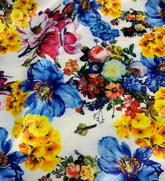 white velvet fabric - White Blue Yellow Pink Multi Floral - Stretch Polyester Taffeta Fabric
