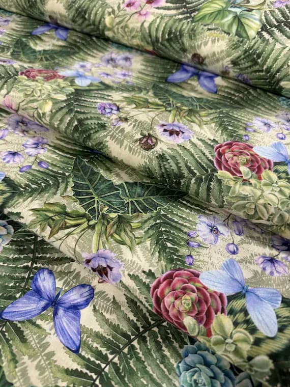 cotton fabric - Botanical by In The Beginning 100% Cotton Fabric - Iris & Orchid Butterfly Floral with Ferns