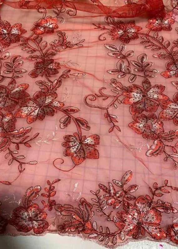red lace - Red Floral Sequin Embroidered Tulle Lace Fabric