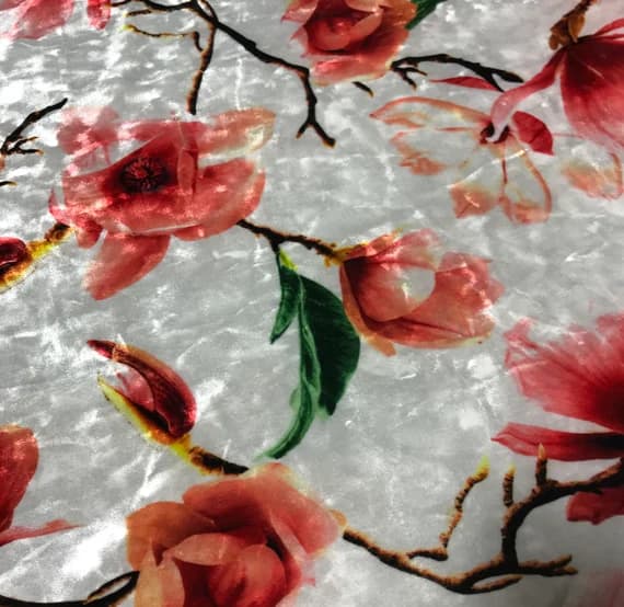 coral velvet fabric - White & Coral Magnolia Floral - Stretch Polyester Velvet Fabric