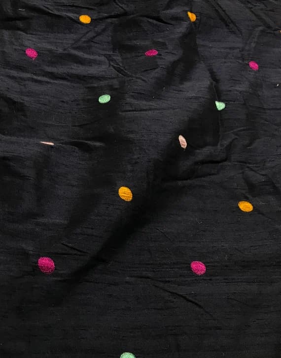 blue dupioni fabric - Darkest Blue with Embroidered Polka Dots - Silk Dupioni Fabric