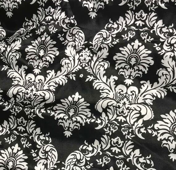 black charmeuse fabric - Black & White Damask - Faux Silk Charmeuse Satin Fabric