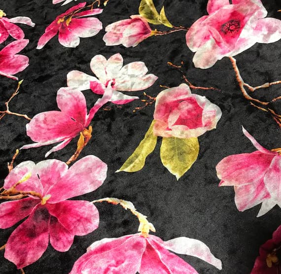 fuchsia velvet fabric - Black & Fuchsia Magnolia Floral - Stretch Polyester Velvet Fabric