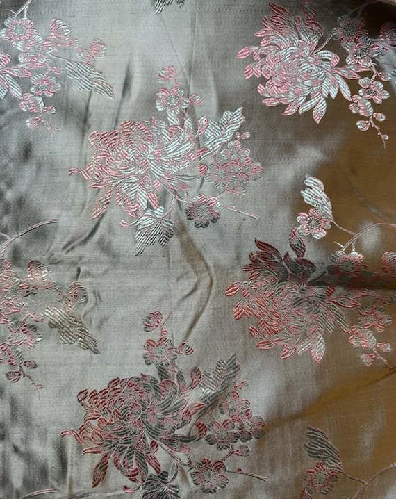 silver brocade fabric - Silver Gray with Pink & Blue Mums Floral - Vintage Silk Brocade Fabric