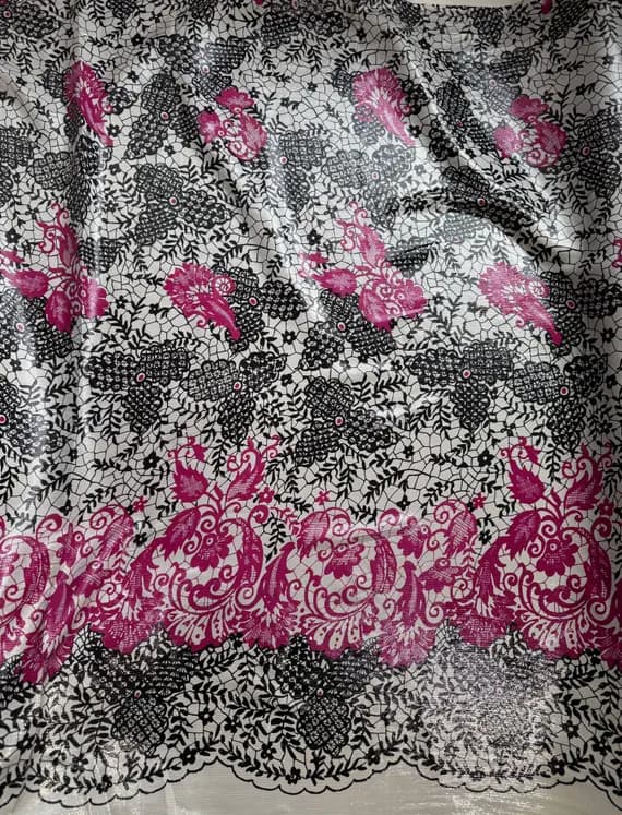 black lace - Pink & Black Lace Print with Lurex - Silk Satin Fabric