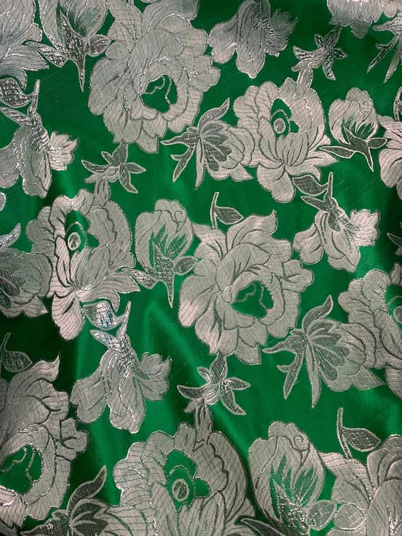 silver brocade fabric - Large Kelly Green & Silver Flowers - Faux Silk Brocade Jacquard Fabric