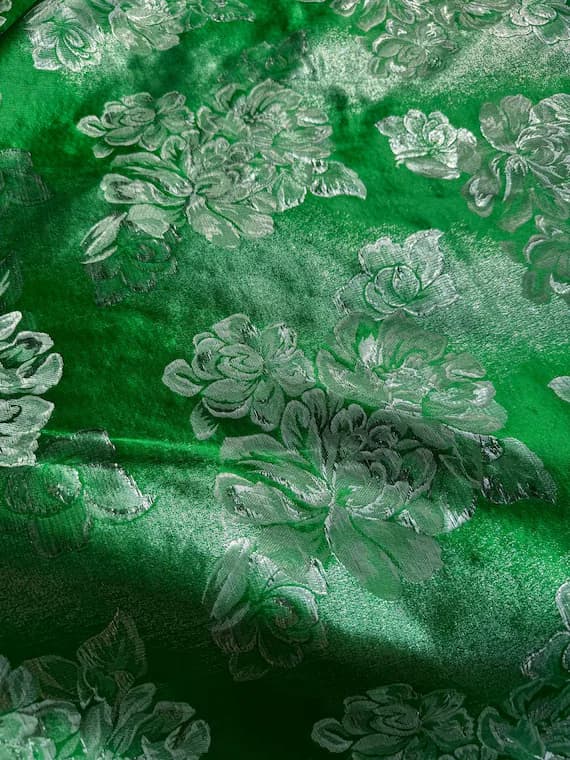 silver brocade fabric - Kelly Green & Silver Floral - Faux Silk Brocade Jacquard Fabric
