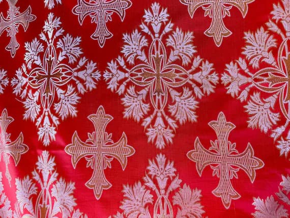 silver brocade fabric - Red with Silver Cross - Faux Silk Brocade Jacquard Fabric