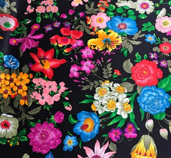 black charmeuse fabric - Flower Garden on Black - Silk Charmeuse Fabric