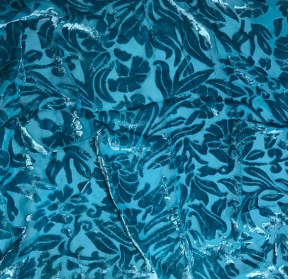 teal velvet fabric - TEAL BLUE Floral Burnout Hand Dyed Silk Velvet Fabric