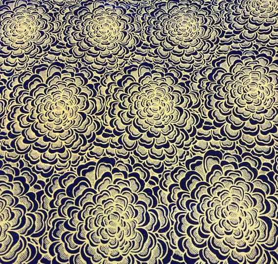 gold velvet fabric - Blue on Gold Mums - Stretch Polyester Flocked Velvet Fabric