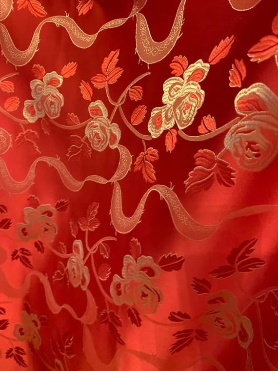 gold none - Red and Gold Ribbon Roses - Faux Silk Brocade Jacquard Fabric