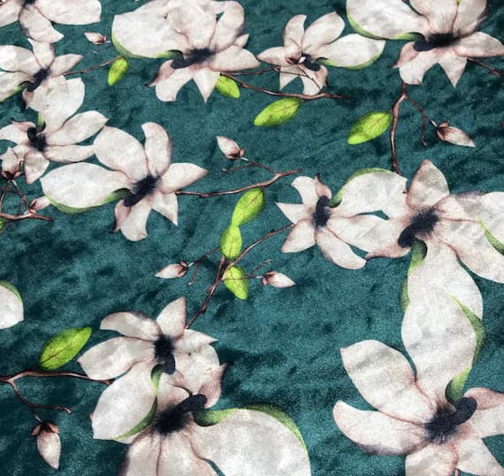 teal velvet fabric - Teal Green Magnolia Floral - Stretch Polyester Velvet Fabric