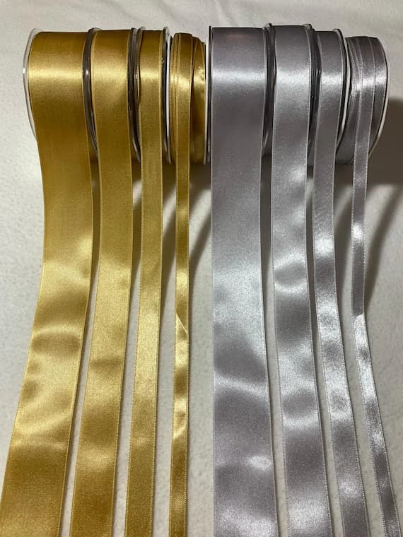 gold none - Gold or Silver Double Sided Satin Ribbon - Made in France (4 Widths to choose from) 5 yards