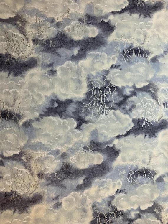 silver cotton fabric - Gray Sky with Lightning Clouds Metallic Silver accents Cotton Fabric Vintage 90's OOP Timeless Treasures