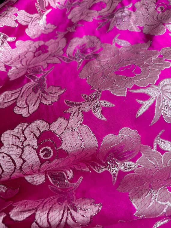silver brocade fabric - Hot Pink & Silver Large Floral - Faux Silk Brocade Jacquard Fabric
