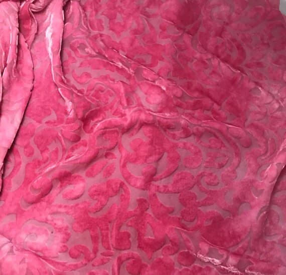 pink velvet fabric - BUBBLEGUM PINK Scroll - Hand Dyed Burnout Silk Velvet