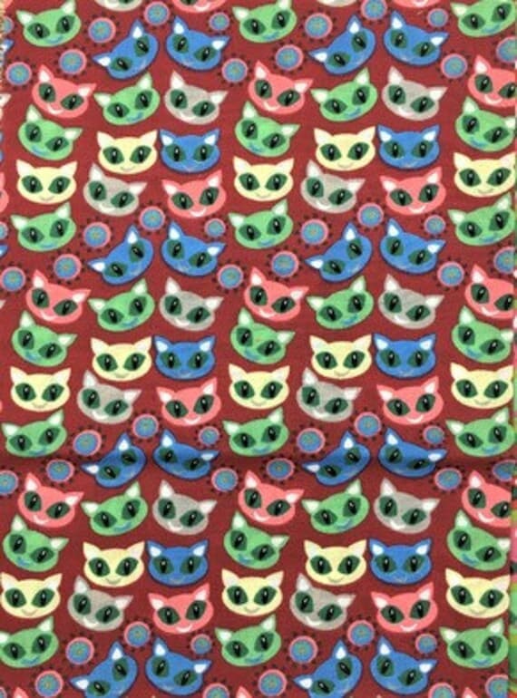 red cotton fabric - Smiling Cats on Red - Poly/Cotton Broadcloth Fabric