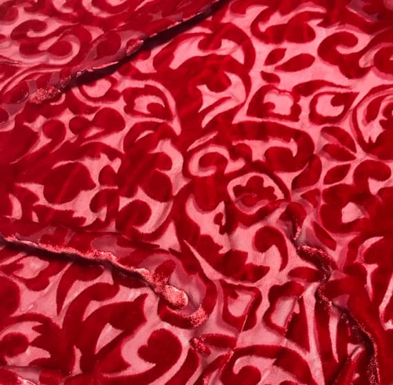 scarlet velvet fabric - Scarlet Red Scroll - Hand Dyed Burnout Silk Velvet