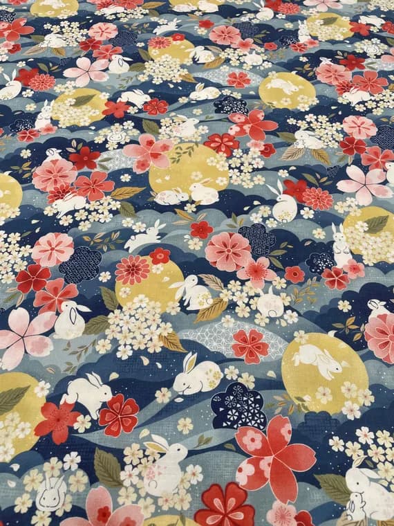navy cotton fabric - The Moon Rabbit - Japanese Floral Navy - Paintbrush Studio Cotton Fabrics