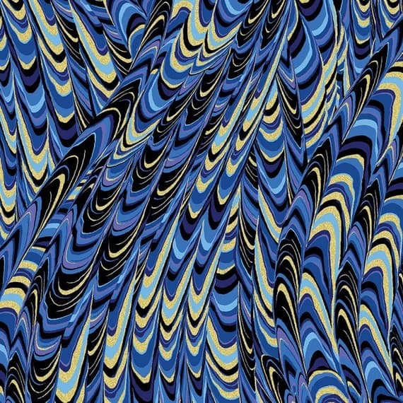 gold cotton fabric - Marbled Butterfly Wings Blue & Metallic Gold - Kanvas Cotton Fabric