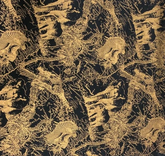 gold cotton fabric - Black with Metallic Gold Safari Animals - Cotton Oxford Fabric