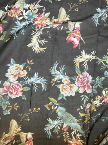 Birds & Flowers on Black - Silk Chiffon Fabric