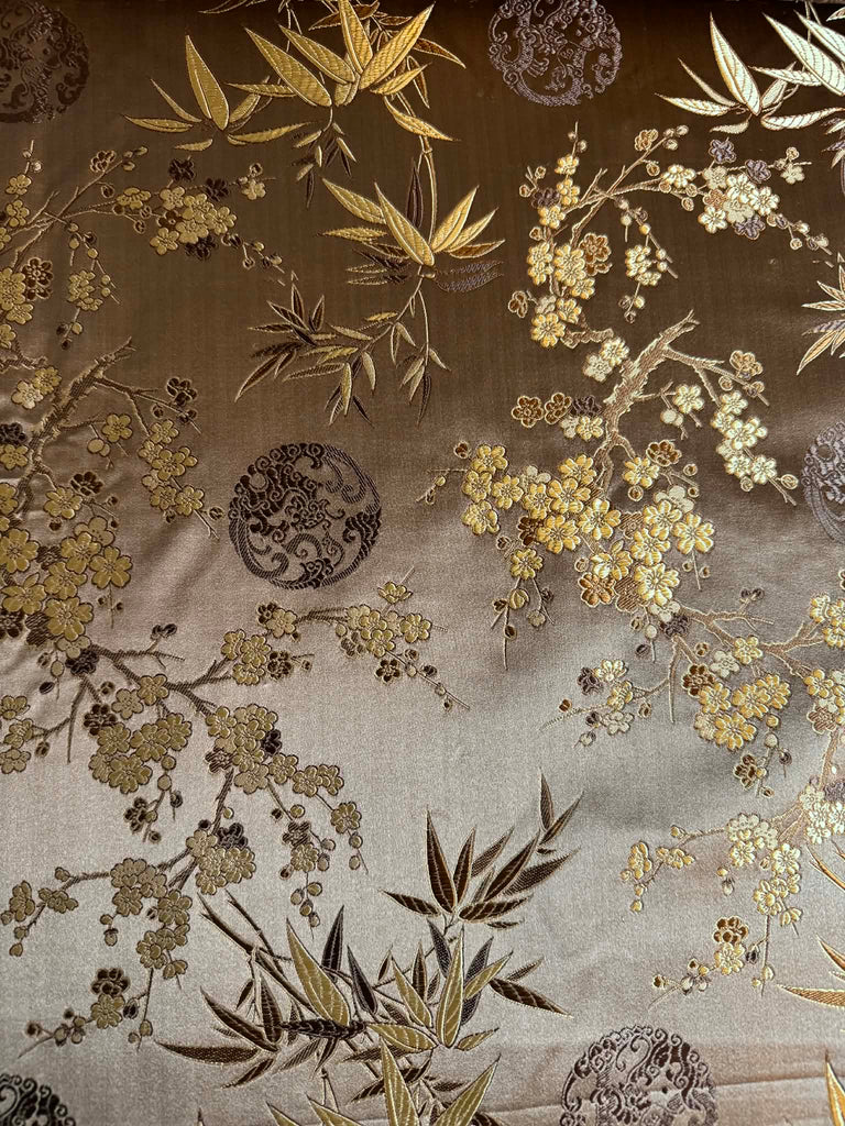 Brown & Gold Bamboo and Medallions - Silk Brocade Fabric