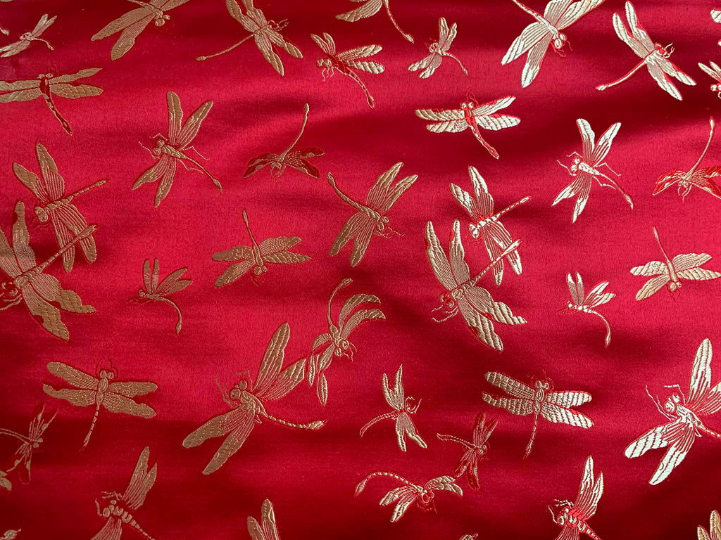 Red with Gold Dragonflies - Silk Brocade Fabric