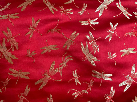 Red with Gold Dragonflies - Silk Brocade Fabric