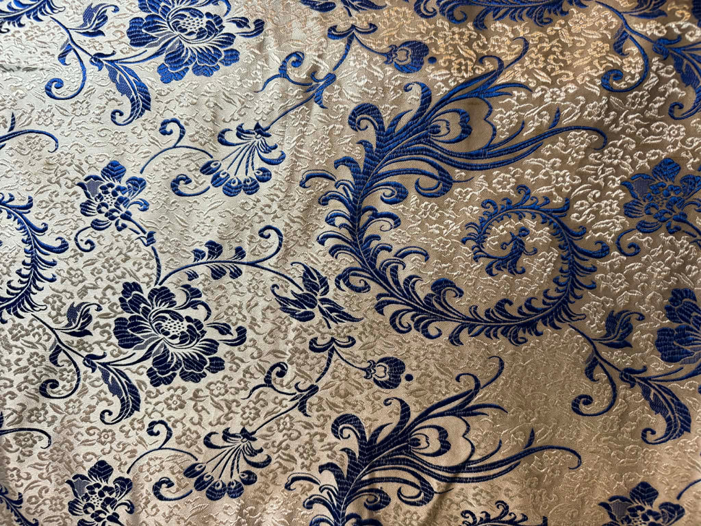 White with Blue Feather Floral - Silk Brocade Fabric