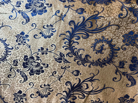 White with Blue Feather Floral - Silk Brocade Fabric