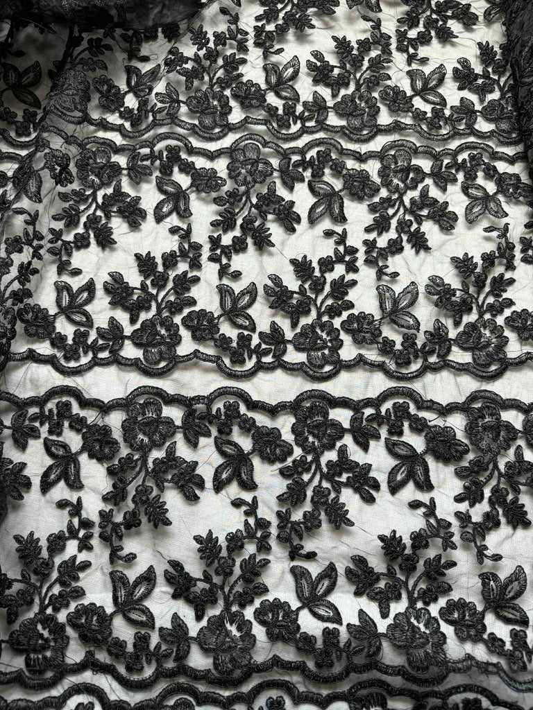 Black Floral Lace Embroidered Organza Fabric