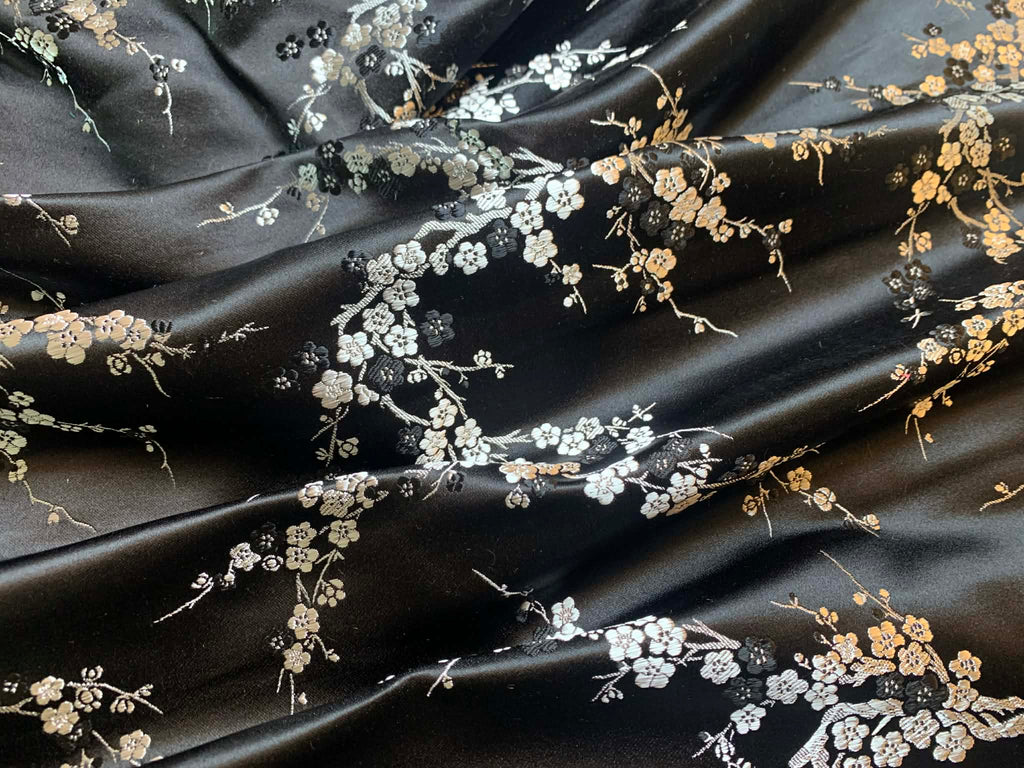 Black & Silver Cherry Blossom Dogwood Floral - Silk Brocade Fabric