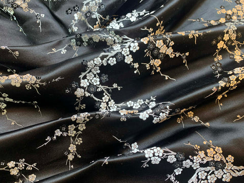 Black & Silver Cherry Blossom Dogwood Floral - Silk Brocade Fabric