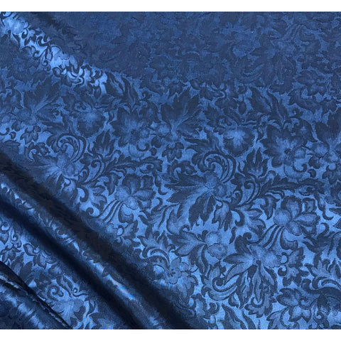Dark Blue Baroque Scroll - Silk Jacquard Fabric - 11"x44" Remnant
