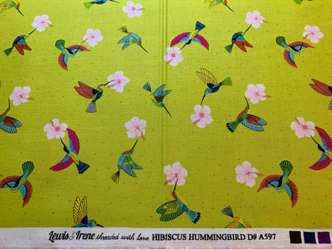 Hibiscus Hummingbird on Kiwi Green Lewis & Irene Cotton Fabric