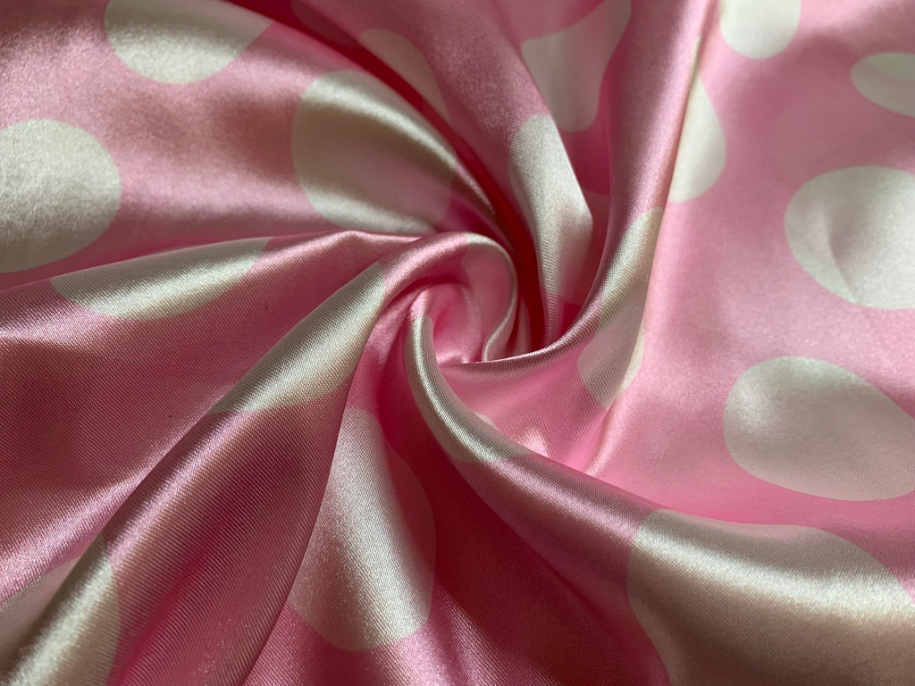 White on Pink Polka Dots - Faux Silk Charmeuse Satin Fabric