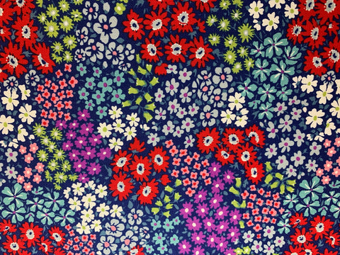 Spring Flowers - Blue with Red Purple Green Floral - Cosmo Japan Cotton Oxford Fabric