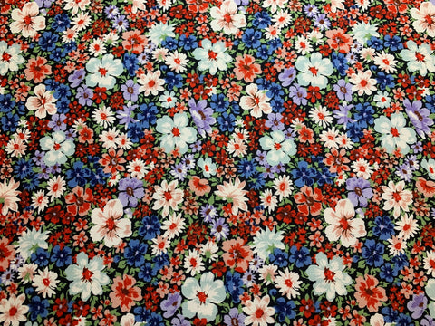 Spring Flowers - Black with Periwinkle Lavender & Red Floral - Cosmo Japan Cotton Oxford Fabric