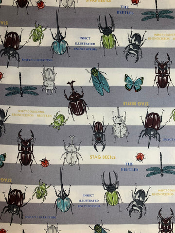 Insect World Gray Stripe - Kokka Japan Cotton Oxford Fabric