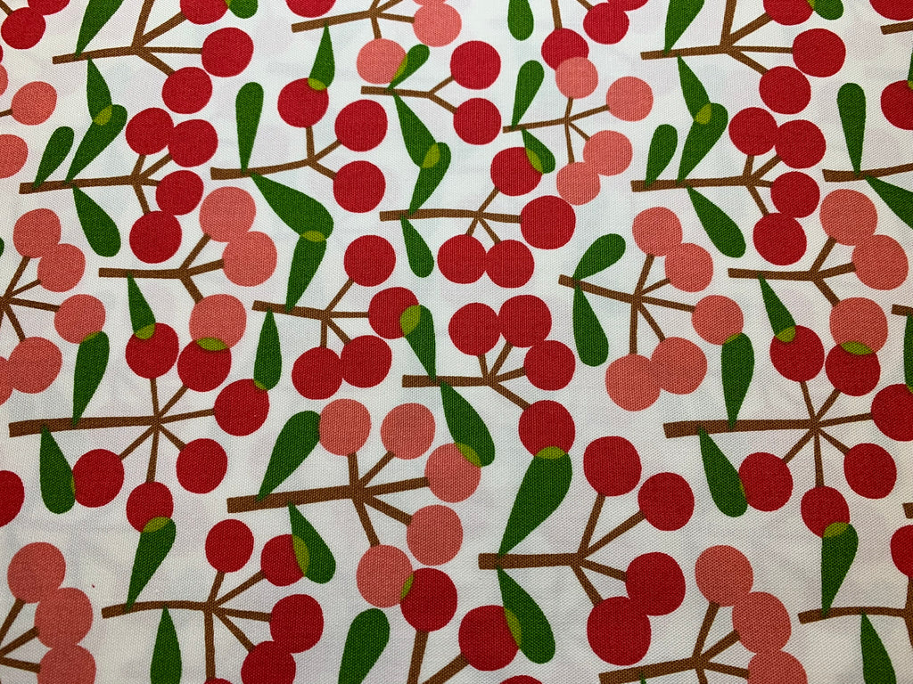 Pink Cherries on White - Mushroom & Cherry - Cosmo Japan Cotton Oxford Fabric