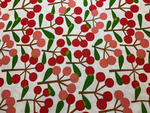 Pink Cherries on White - Mushroom & Cherry - Cosmo Japan Cotton Oxford Fabric