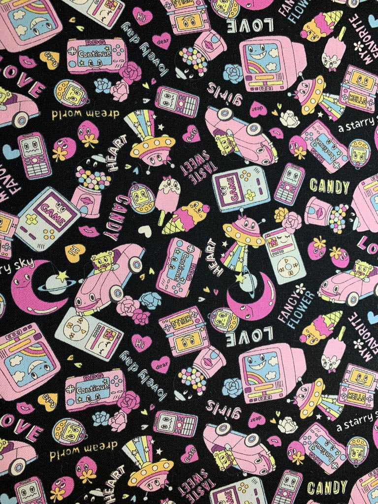 Pink on Black Retro Pop - Kokka Japan Cotton Oxford Fabric