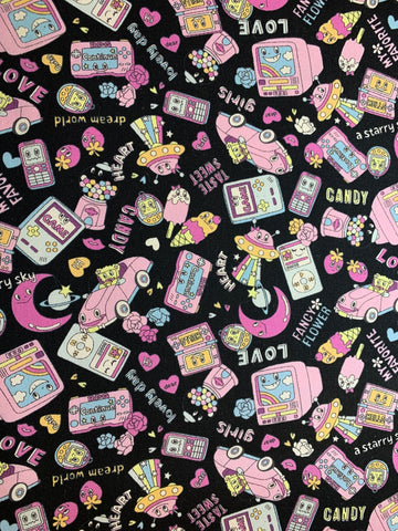 Pink on Black Retro Pop - Kokka Japan Cotton Oxford Fabric